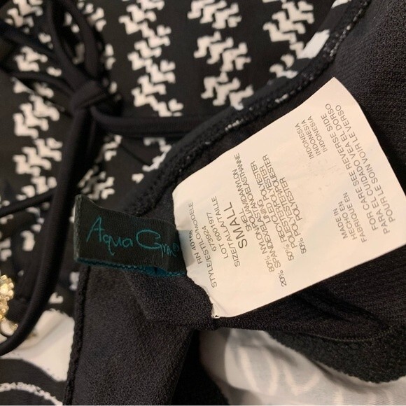 Aqua Green Black White Paisley Drawstring Embellish Neck Tie Tankini Swim Top S - Picture 5 of 5